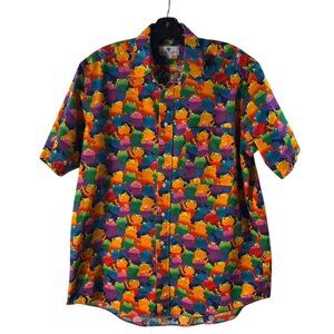 Frog Print Short-Sleeve Button-Up Shirt By English Sports Shop L 100% Cotton Ber